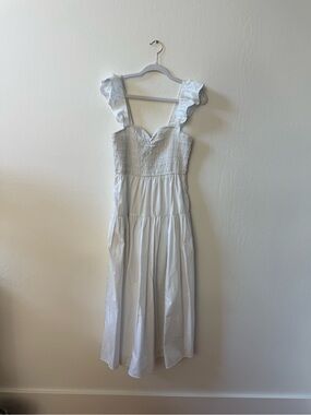 Abercrombie & Fitch White Smocked Bodice Midi Dress with Ruffle Straps + pockets